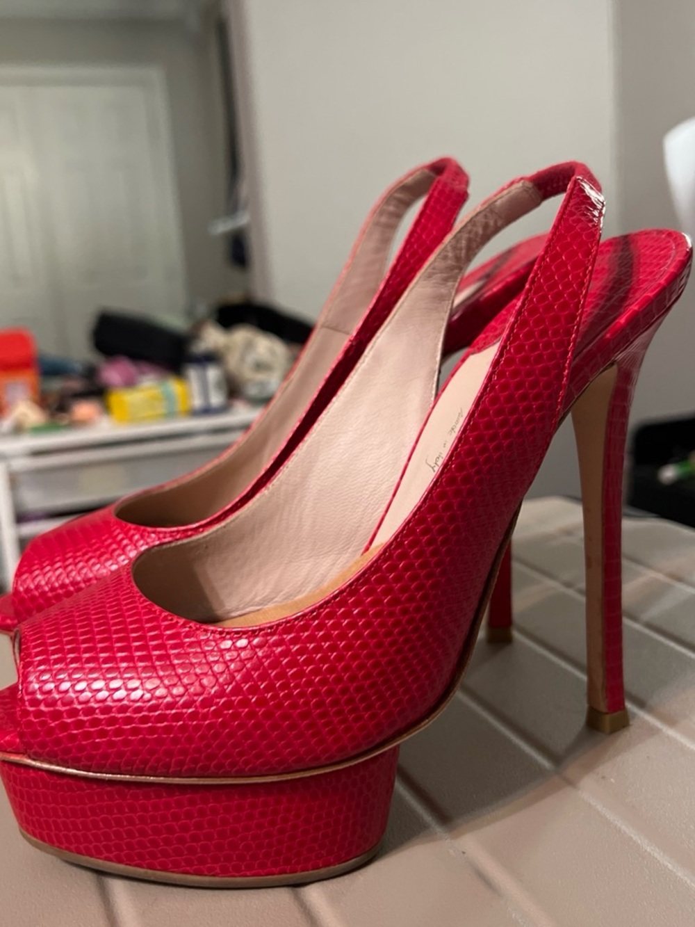 Slingback Platform Peep-Toe Heels in Red